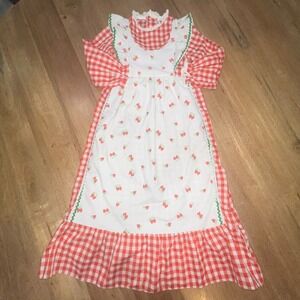 Vintage 70s Sears Girls 6x Dress‎ Strawberry Apron Rick Rack Ruffle Strawberries